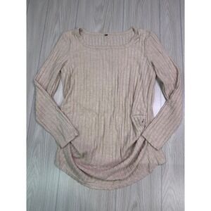 Ficerd Womens Maternity Ribbed Long Sleeve Scoop Neck Ruched Top Beige Size M